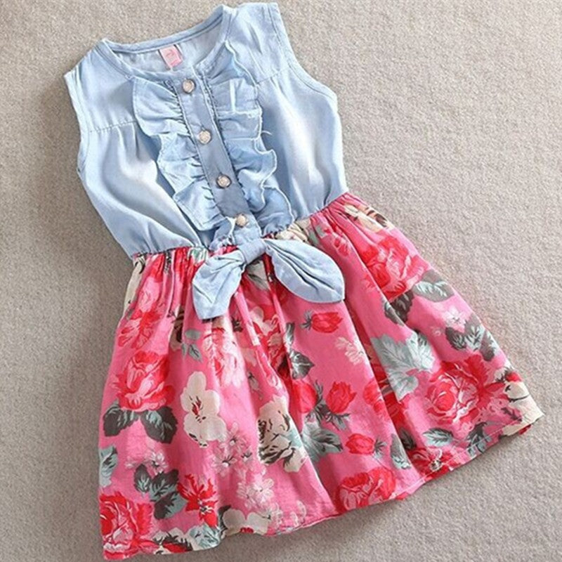 Carly Sleeveless Girl Denim Floral Dresses